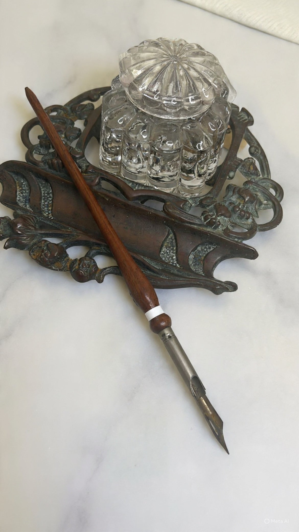 Antique Bronze Ink Holder & Dip Pen