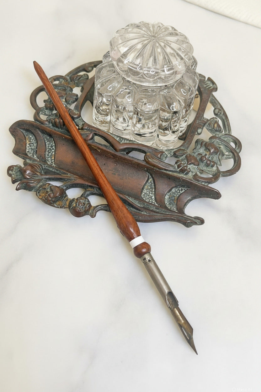 Antique Bronze Ink Holder & Dip Pen