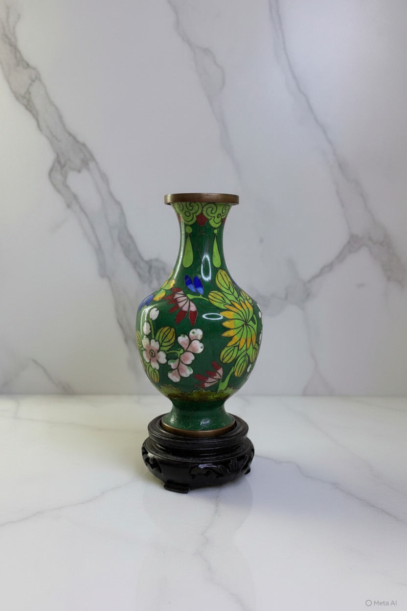 Green Vintage Chinese Cloisonné Floral Bud Vase