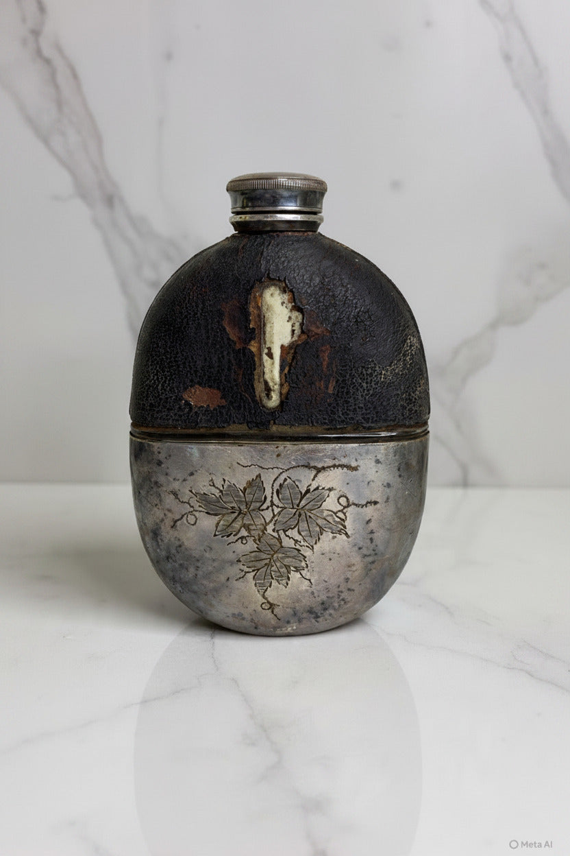 Vintage Collector’s Leather-Bound Silver-Plated Hip Flask – Early 20th Century