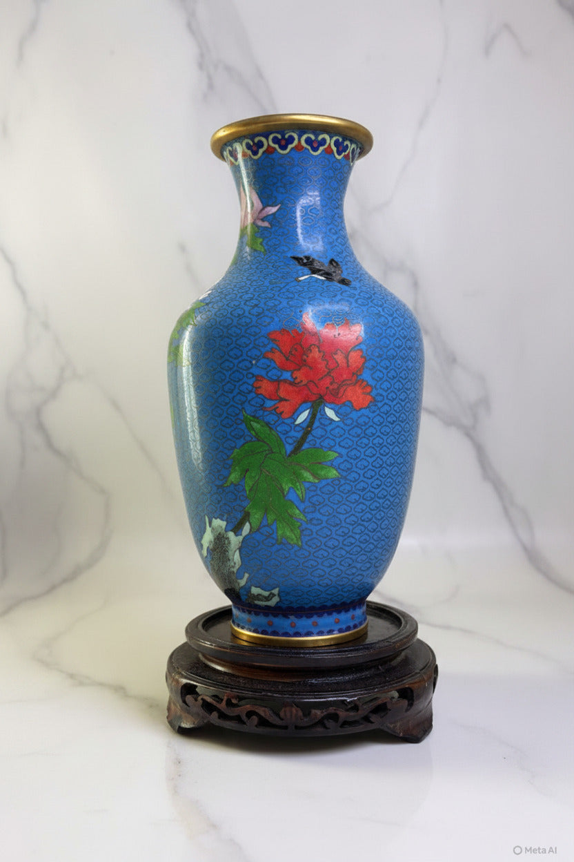 Vintage Chinese Cloisonné Enamel Vase – Bright Blue
