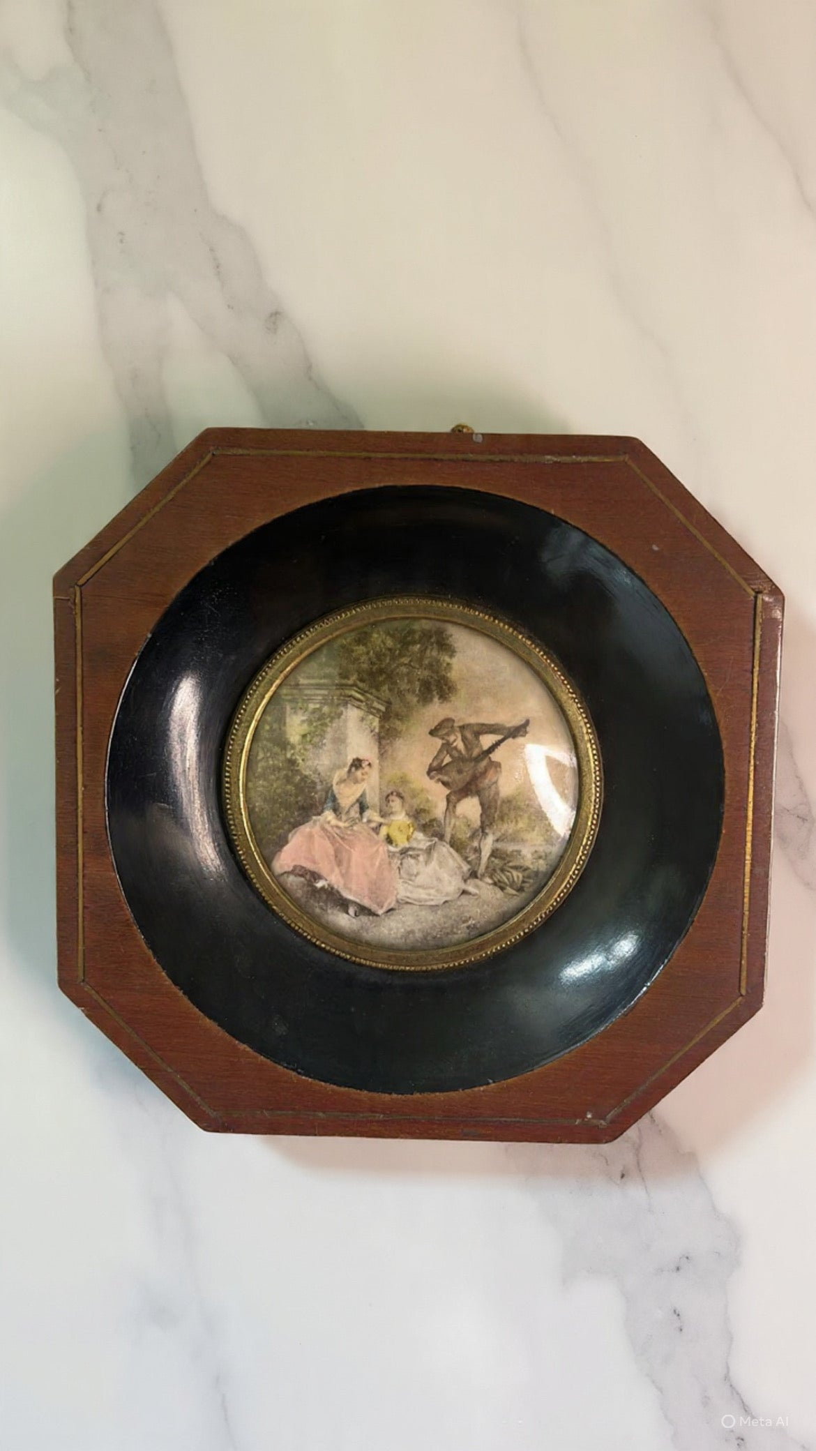 Antique French Minature Romantic Oil Painting in Cedar Frame