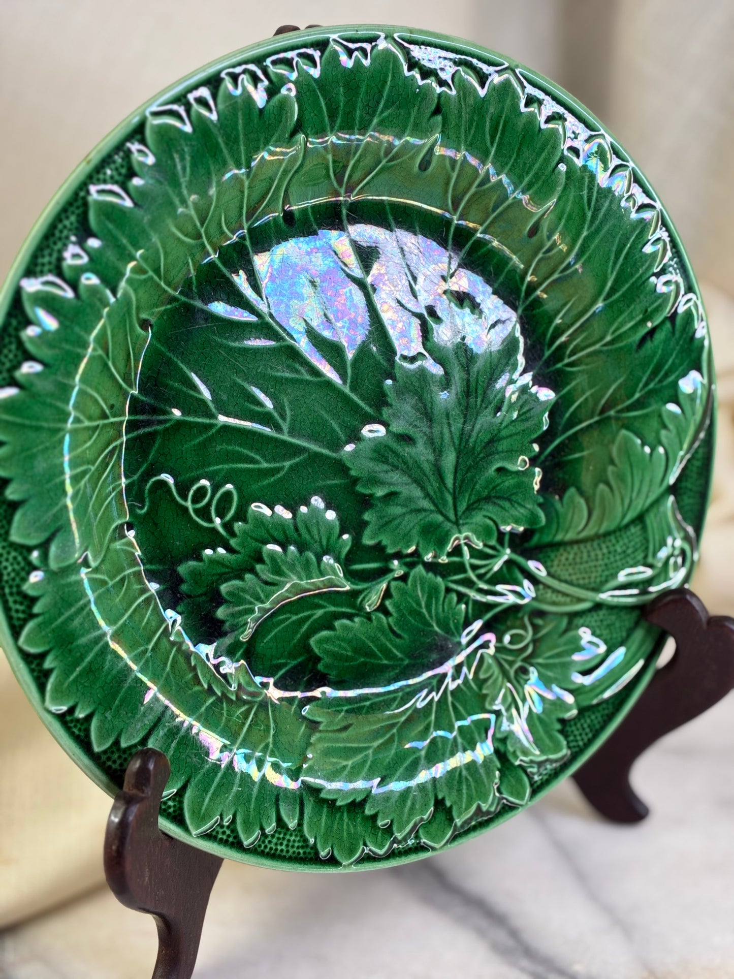Antique Green Majolica Leaf Pattern Plate