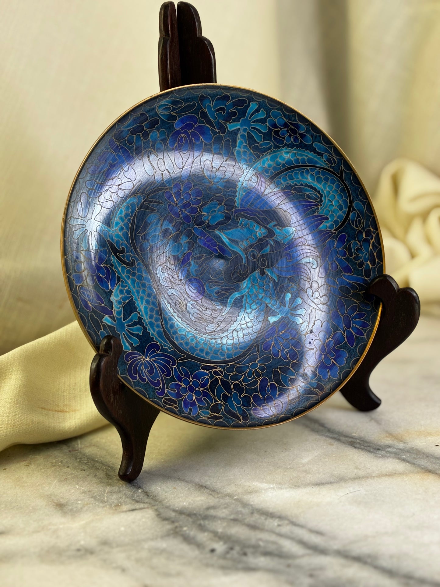 Chinese Cloisonné Blue Dragon Decorative Plate