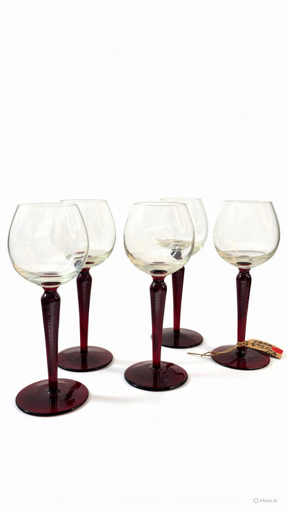 Vintage  French 20th Century Handblown Glass Wine Goblets