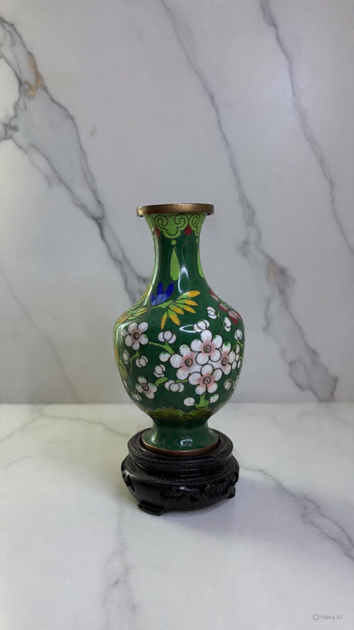 Green Vintage Chinese Cloisonné Floral Bud Vase