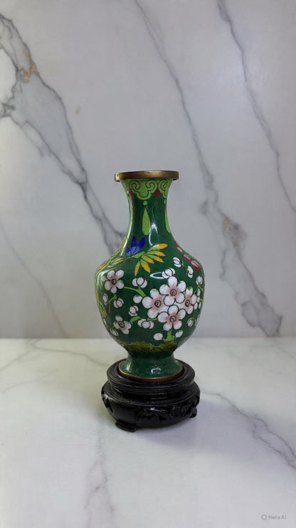 Green Vintage Chinese Cloisonné Floral Bud Vase