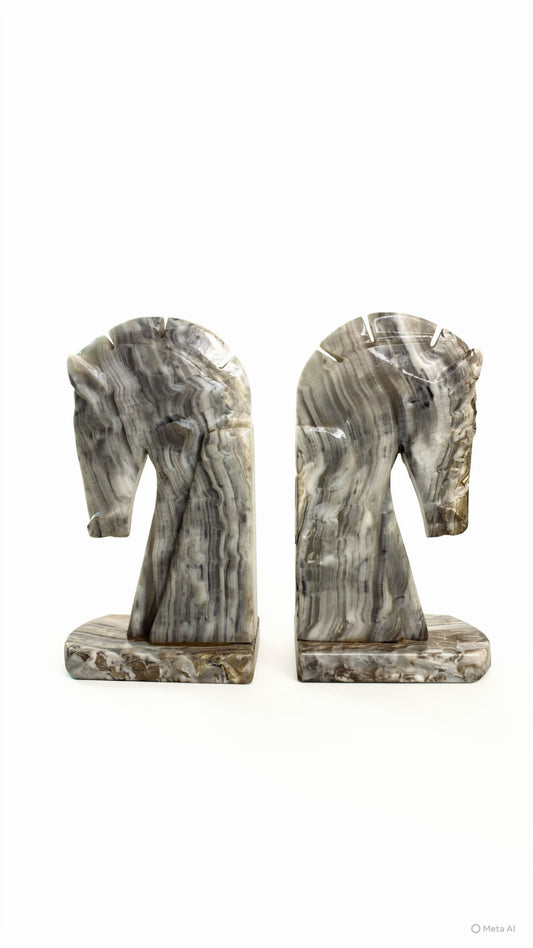 Vintage Onyx Stone Horse Head Bookends – Set