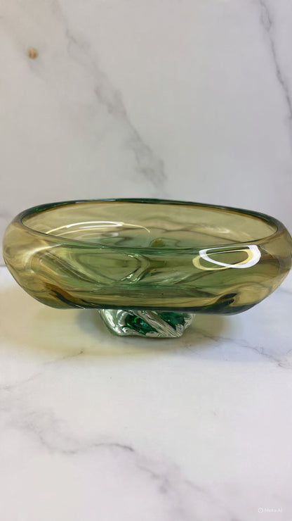 Vintage Murano Glass Bowl with Amber and Emerald Green Layers