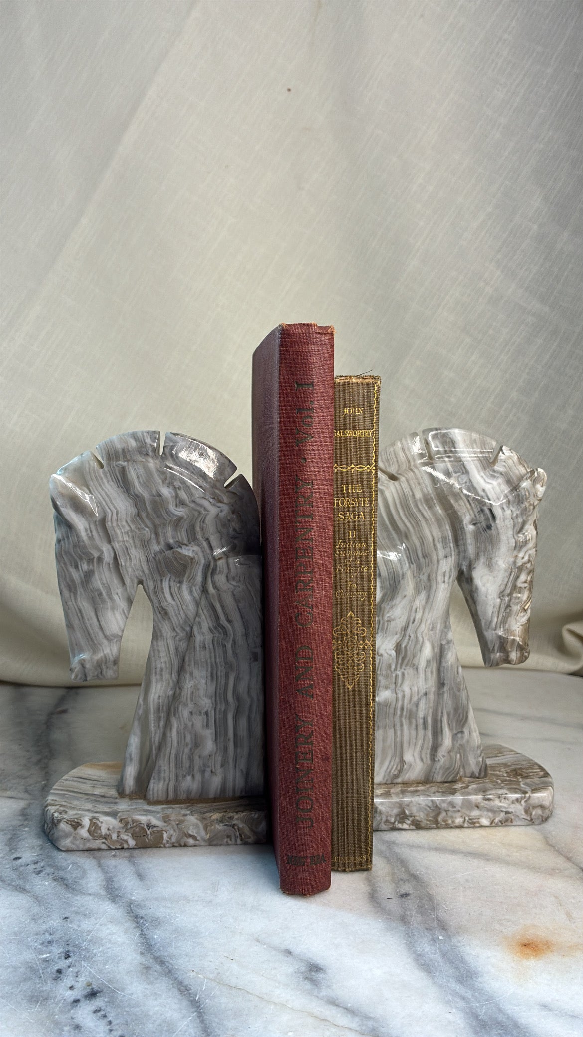 Vintage Onyx Stone Horse Head Bookends – Set