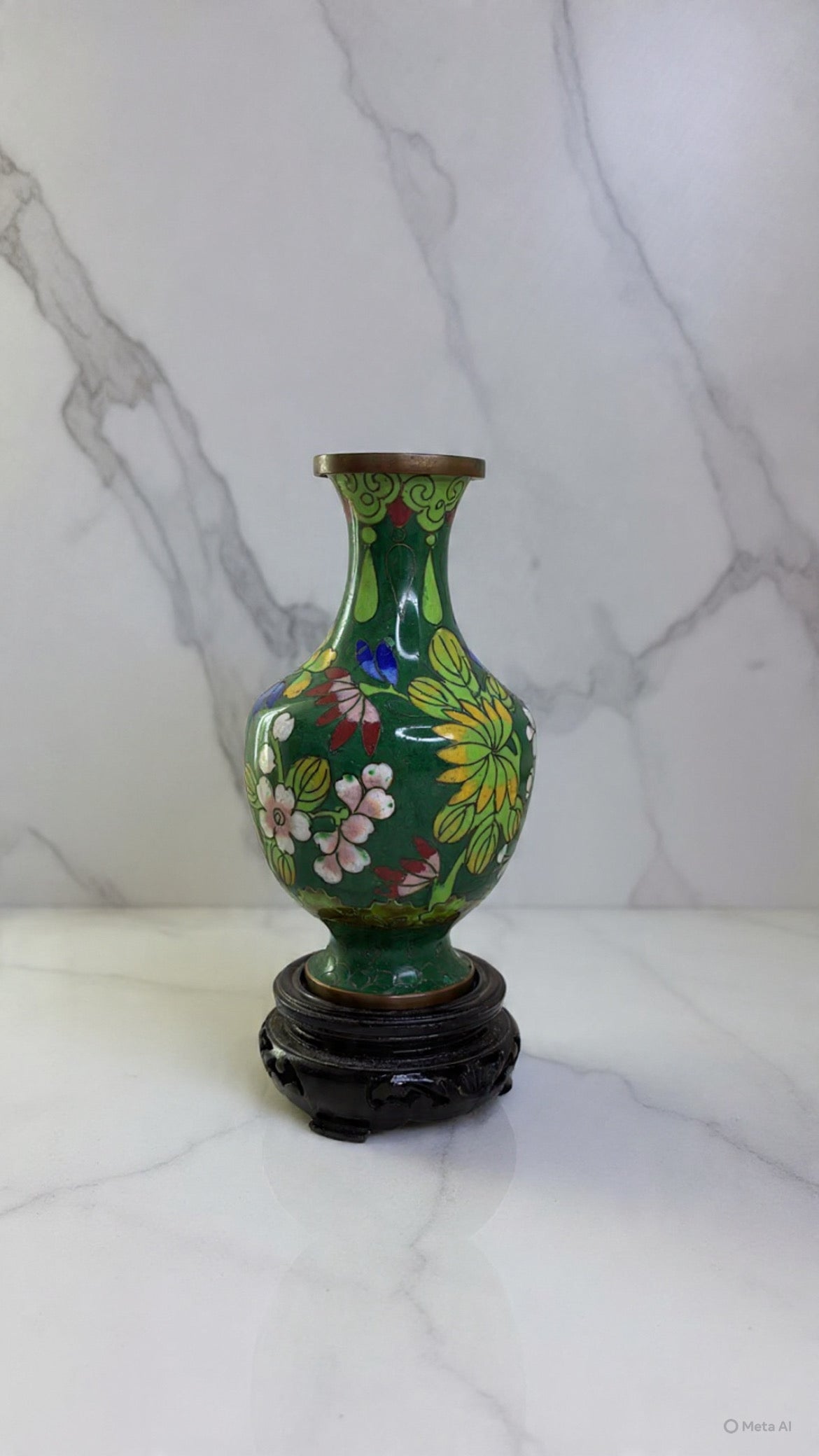 Green Vintage Chinese Cloisonné Floral Bud Vase
