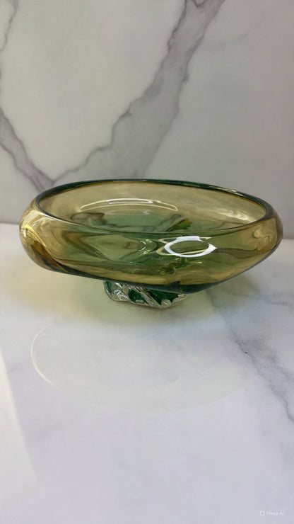 Vintage Murano Glass Bowl with Amber and Emerald Green Layers