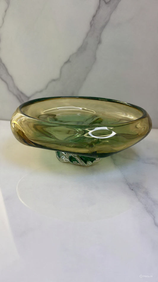 Vintage Murano Glass Bowl with Amber and Emerald Green Layers