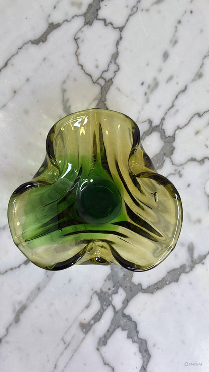 Vintage Green Art Glass Bowl (Three-Petal Form)