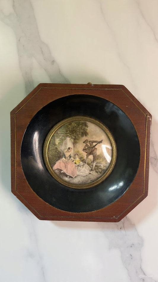 Antique French Minature Romantic Oil Painting in Cedar Frame