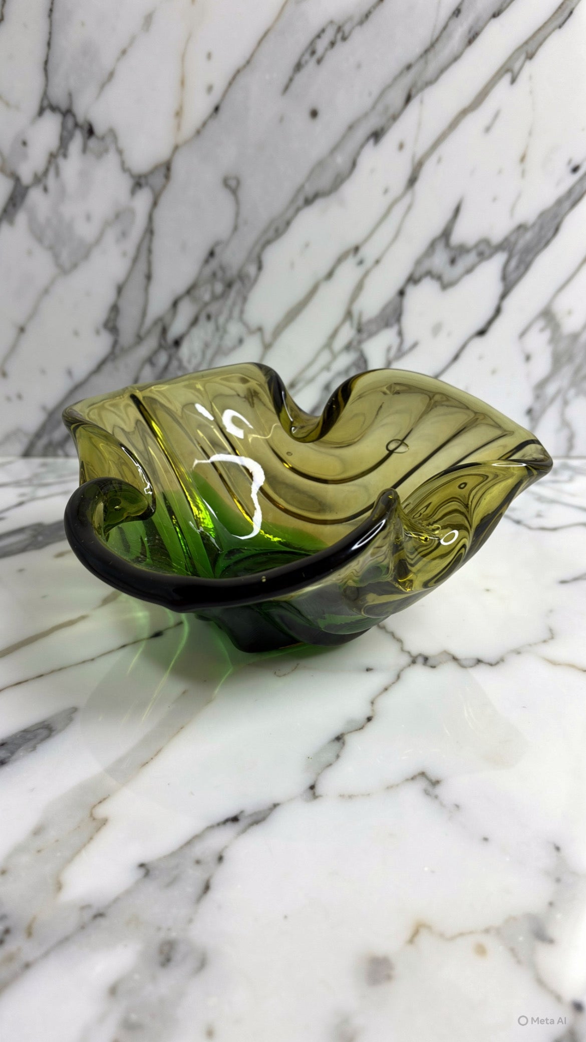 Vintage Green Art Glass Bowl (Three-Petal Form)