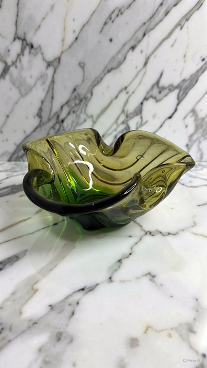 Vintage Green Art Glass Bowl (Three-Petal Form)