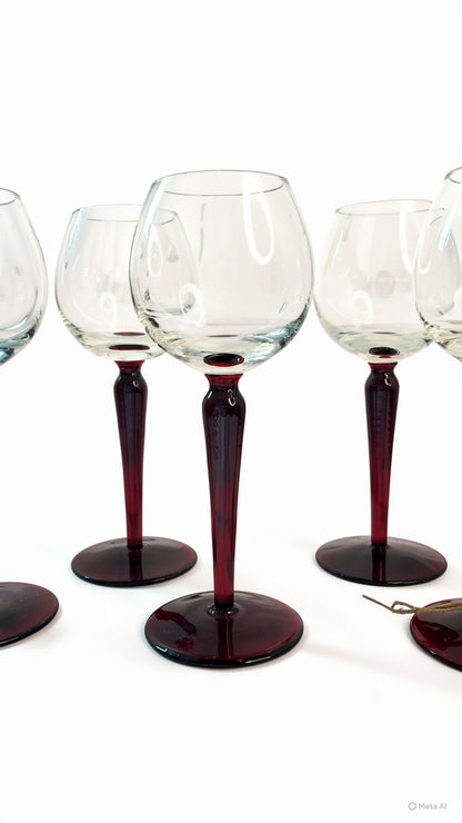 Vintage  French 20th Century Handblown Glass Wine Goblets