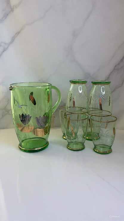 Vintage Green Glass Water Set – Mary Gregory Style