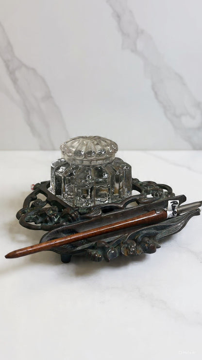 Antique Bronze Ink Holder & Dip Pen