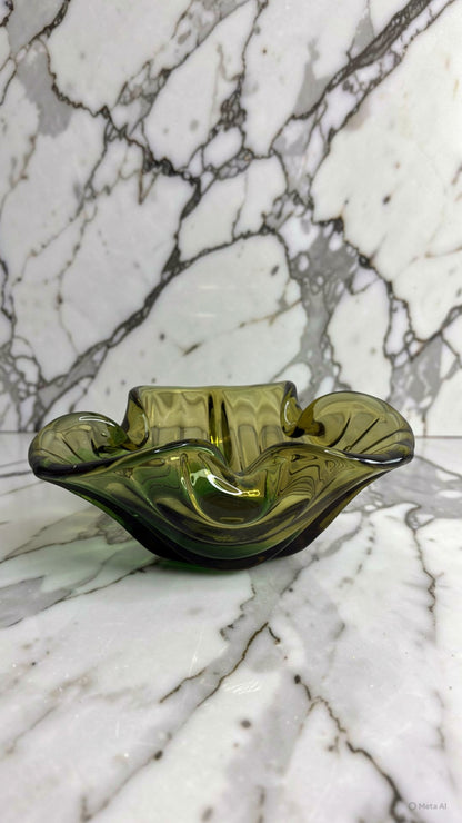 Vintage Green Art Glass Bowl (Three-Petal Form)