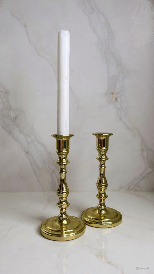 Vintage Set of Two Brass Candle Holders – Traditional Bustler Column Design