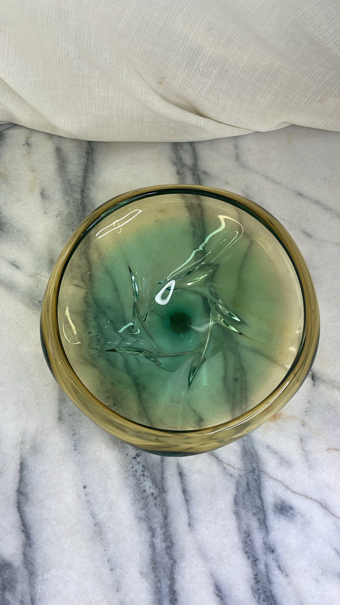 Vintage Murano Glass Bowl with Amber and Emerald Green Layers