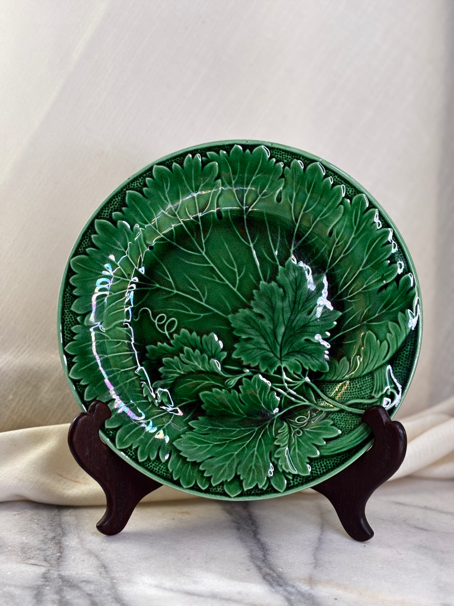 Antique Green Majolica Leaf Pattern Plate