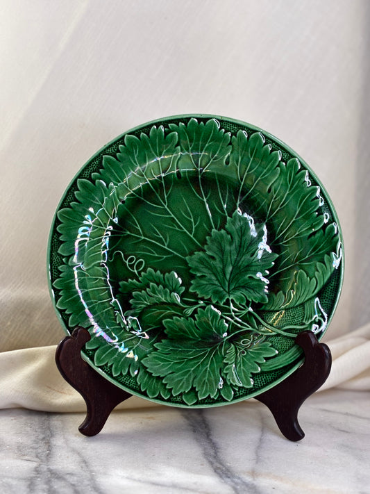Antique Green Majolica Leaf Pattern Plate