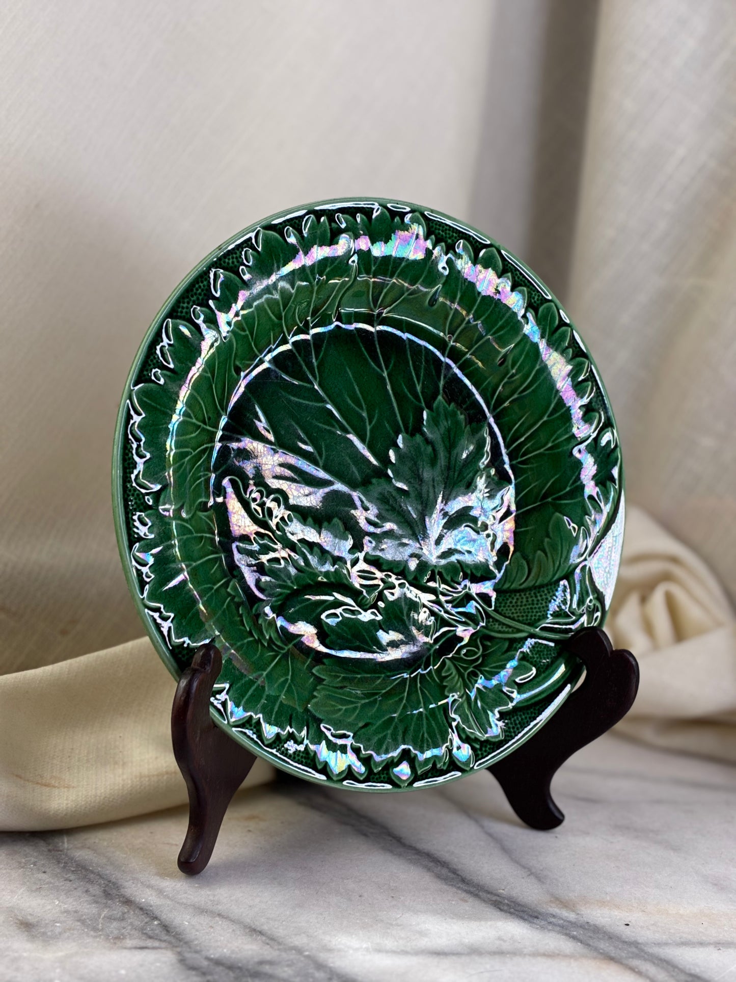 Antique Green Majolica Leaf Pattern Plate