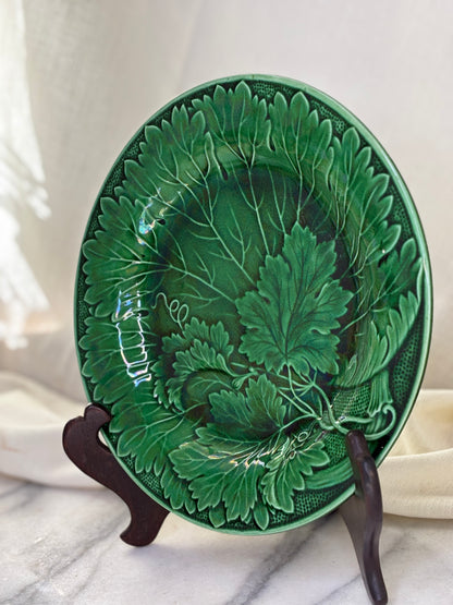 Antique Green Majolica Leaf Pattern Plate