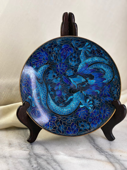Chinese Cloisonné Blue Dragon Decorative Plate