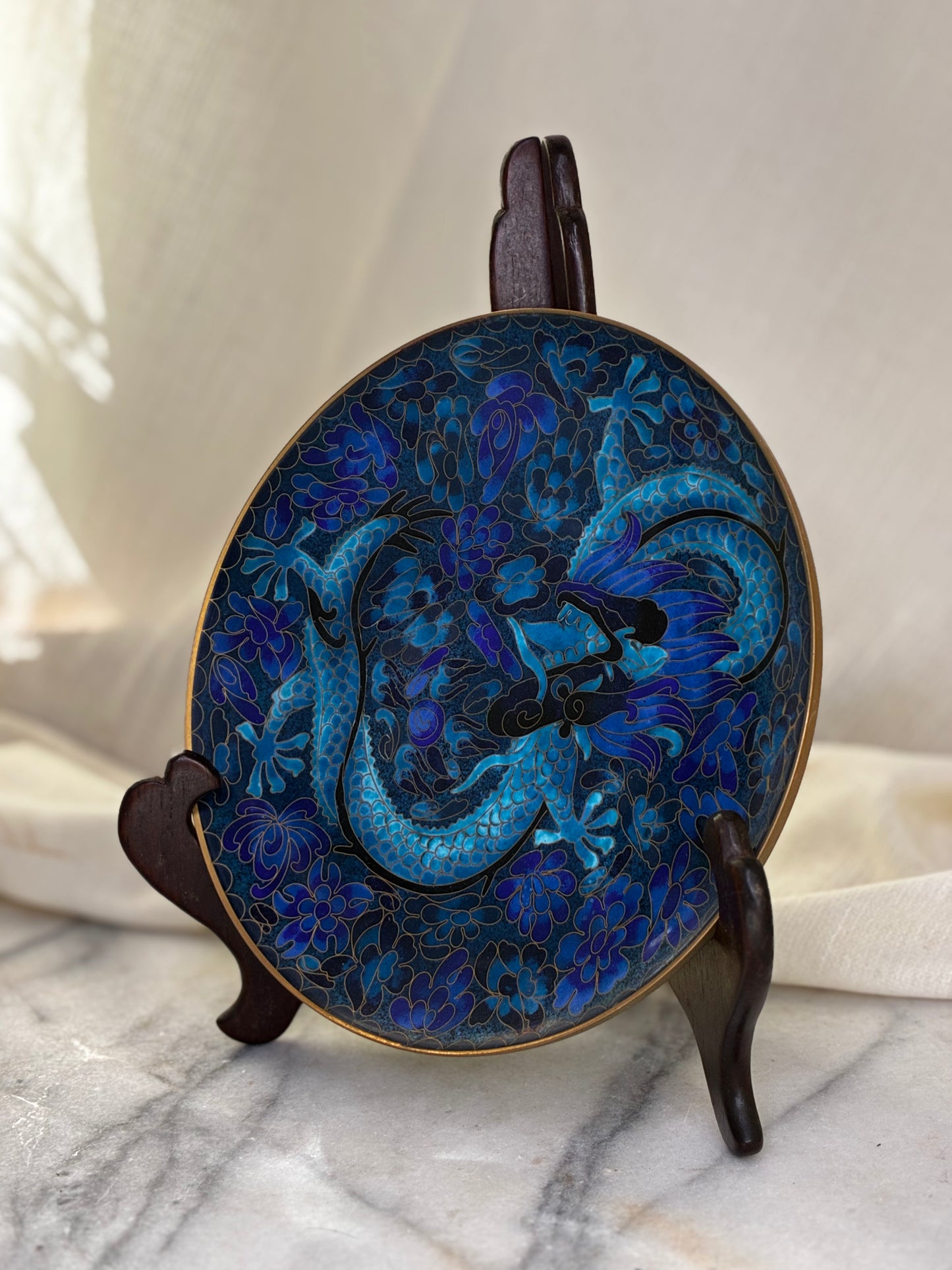 Chinese Cloisonné Blue Dragon Decorative Plate